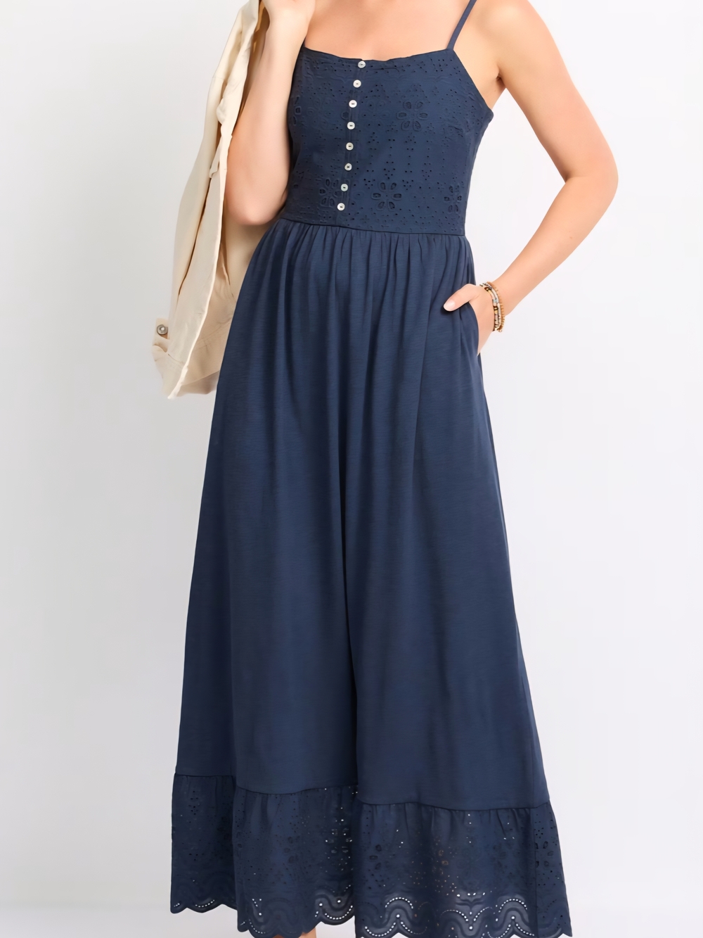 Market & Spruce Navy Eyelet Maxi Dress Women's Sleeveless Spaghetti Strap NWT - Picture 1 of 4
